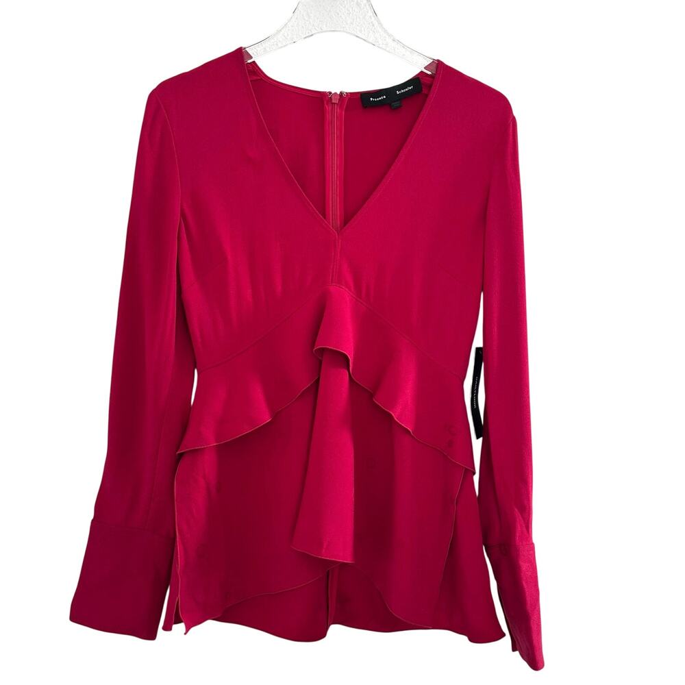 Proenza Schouler V Neck Ruffle‎ Peplum Top Women 2 Magenta Long Sleeve Romantic